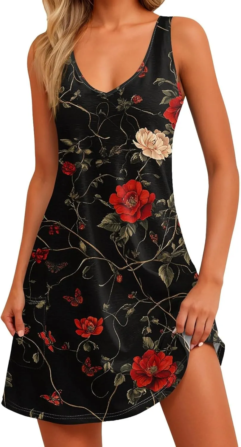 Summer Dresses for Women 2025 Casual V Neck Sleeveless Sundresses Boho Tank Dress Beach Dresses with Pockets