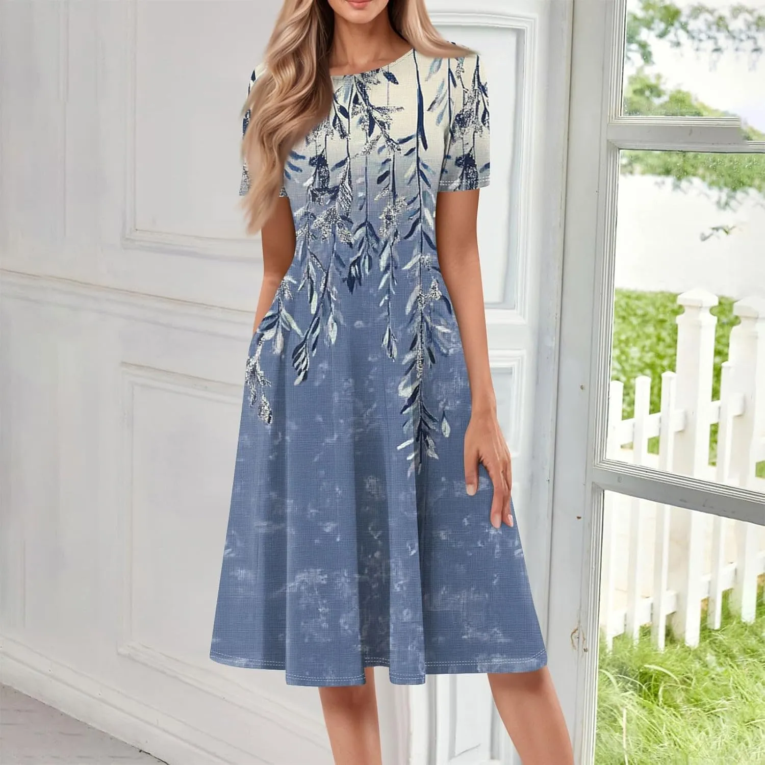 Summer Dresses for Women 2025 Crewneck Short Sleeve Empire Waist Midi Sun Dress Vacation A Line Dress Side Pockets