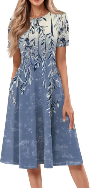 Summer Dresses for Women 2025 Crewneck Short Sleeve Empire Waist Midi Sun Dress Vacation A Line Dress Side Pockets