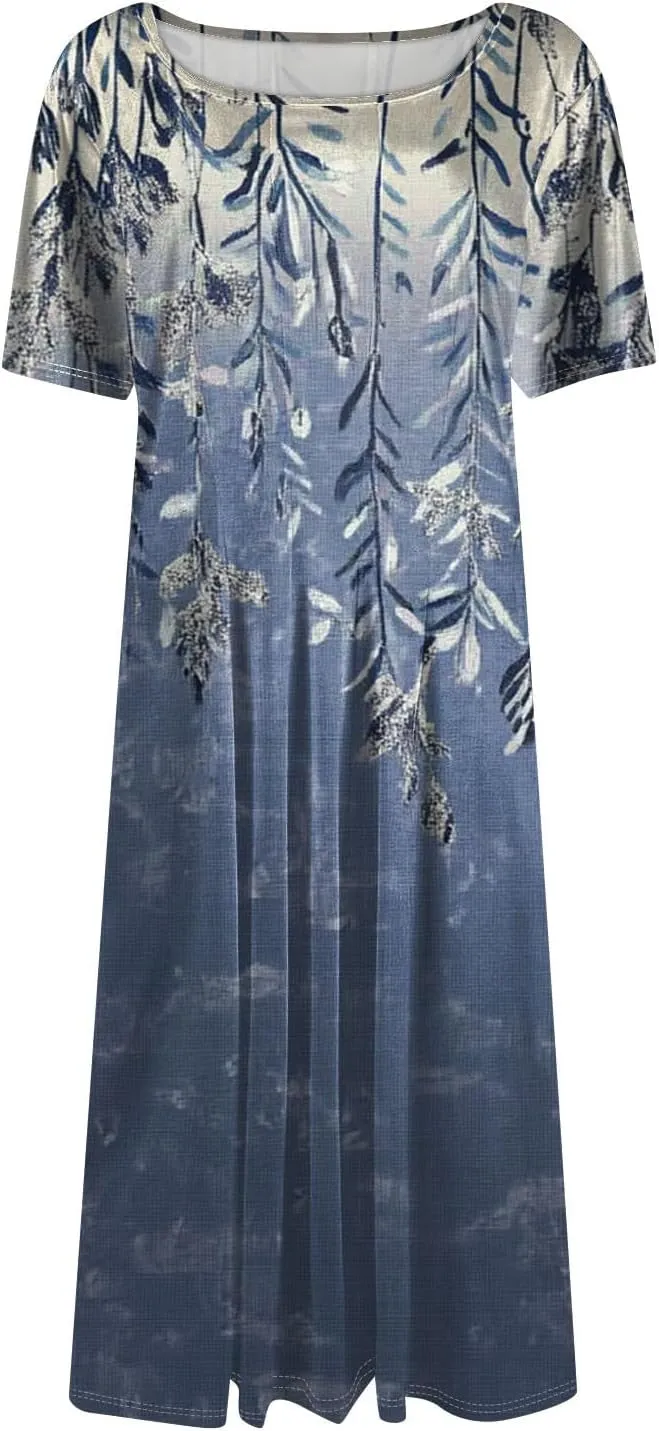 Summer Dresses for Women 2025 Crewneck Short Sleeve Empire Waist Midi Sun Dress Vacation A Line Dress Side Pockets