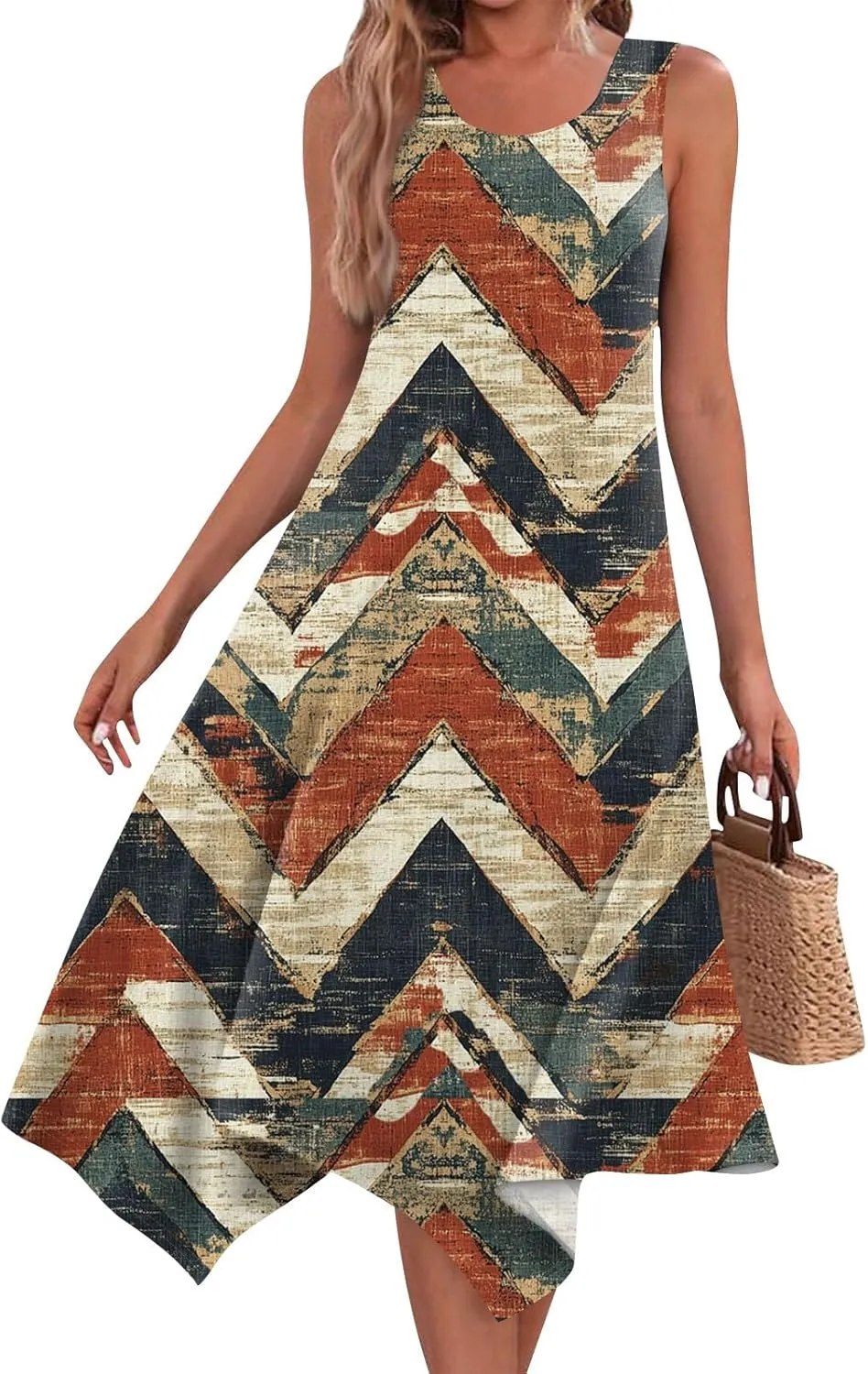 Summer Dresses for Women 2025 Fashion Round Neck Sleeveless Print Irregular Hem Tank Sundress Casual Beach Midi Dresses