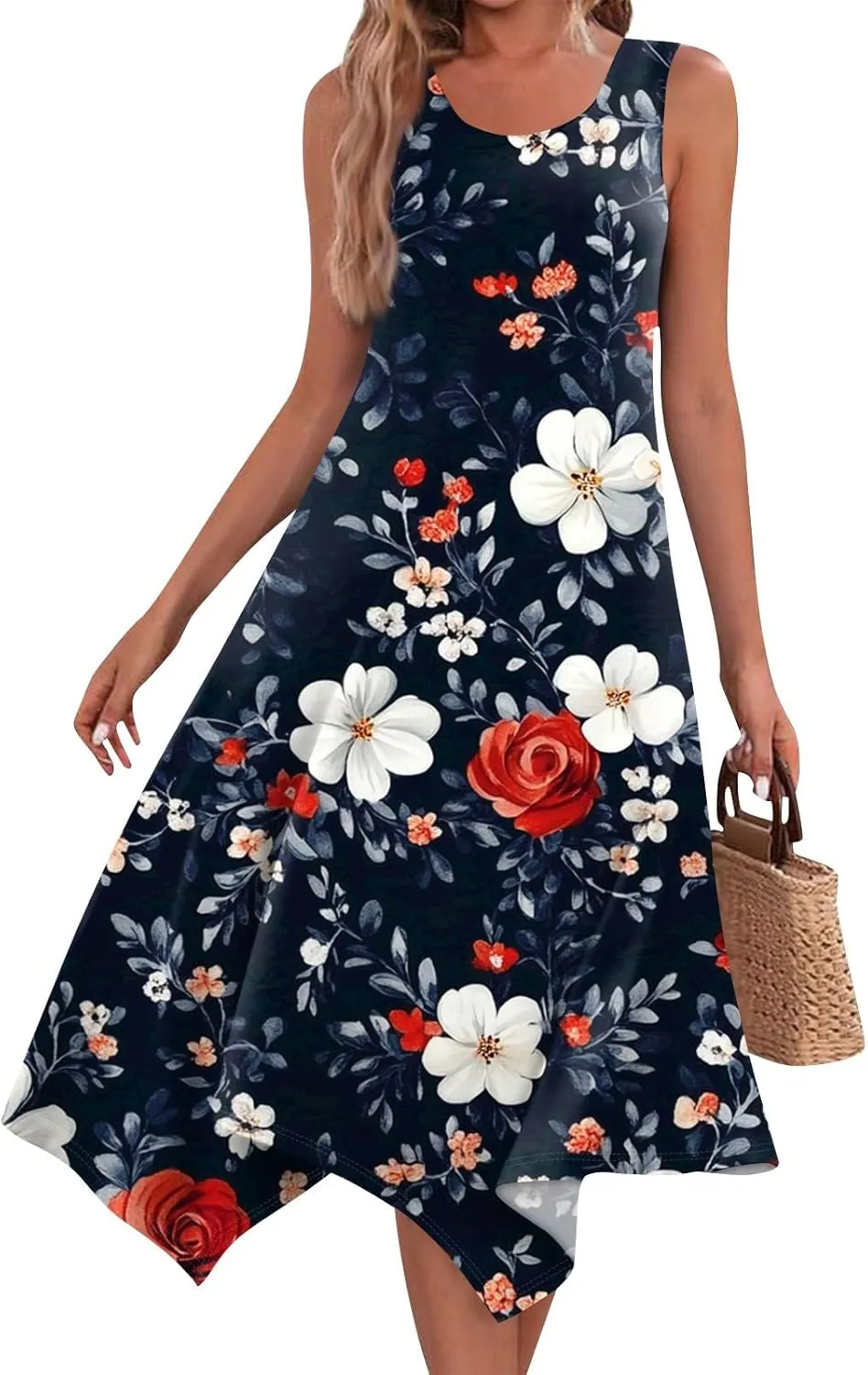 Summer Dresses for Women 2025 Fashion Round Neck Sleeveless Print Irregular Hem Tank Sundress Casual Beach Midi Dresses