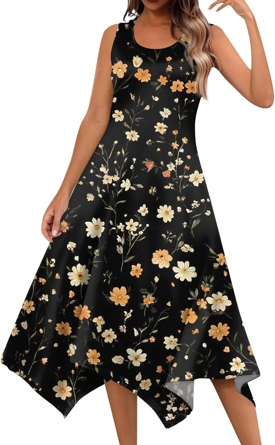 Summer Dresses for Women 2025 Fashion Round Neck Sleeveless Print Irregular Hem Tank Sundress Casual Beach Midi Dresses