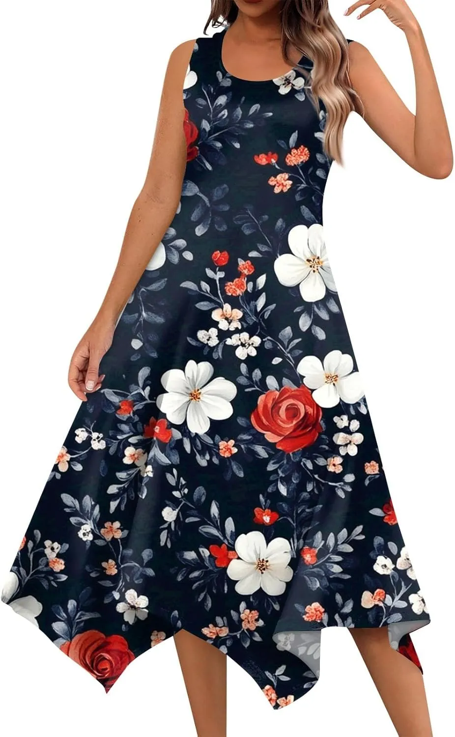 Summer Dresses for Women 2025 Fashion Round Neck Sleeveless Print Irregular Hem Tank Sundress Casual Beach Midi Dresses