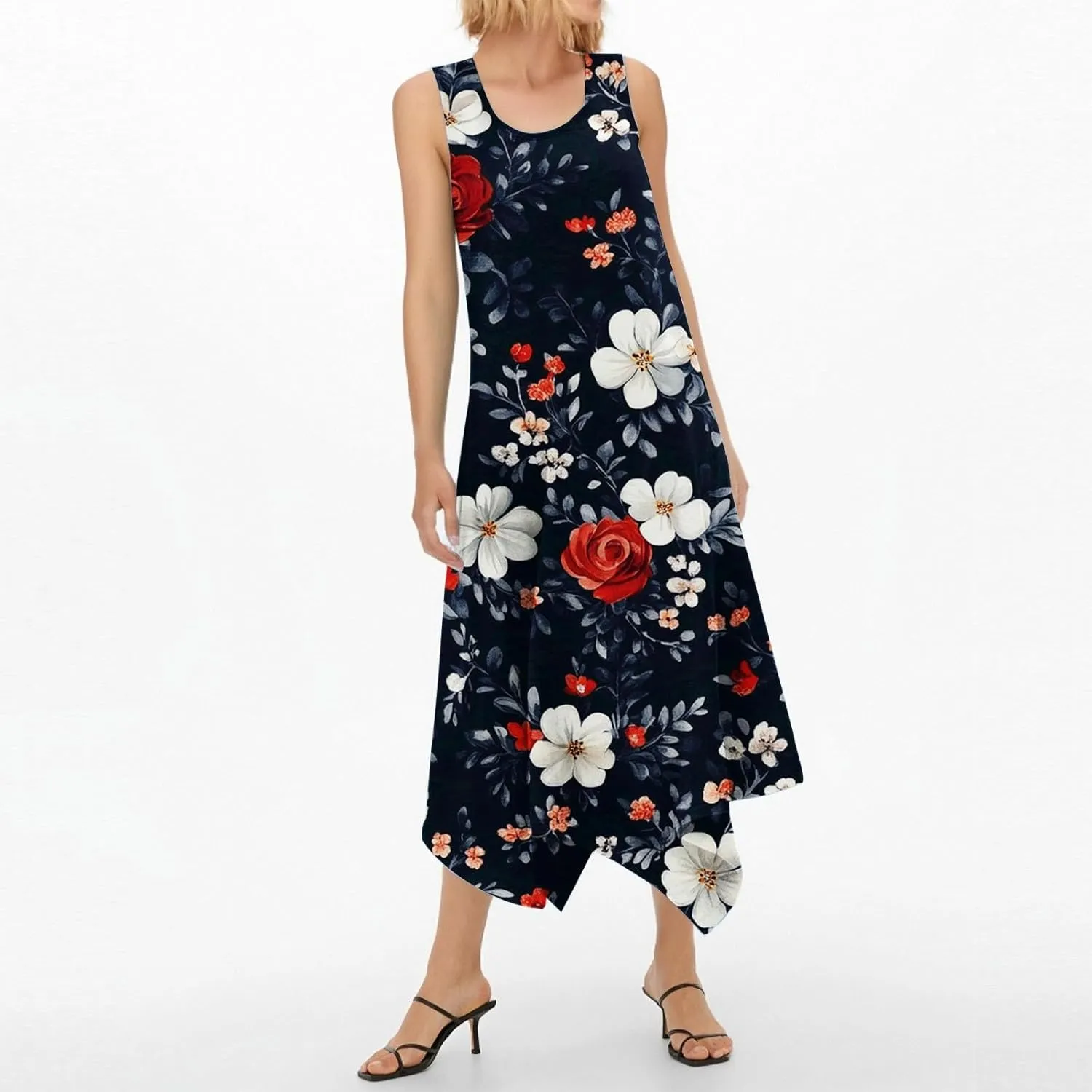 Summer Dresses for Women 2025 Fashion Round Neck Sleeveless Print Irregular Hem Tank Sundress Casual Beach Midi Dresses