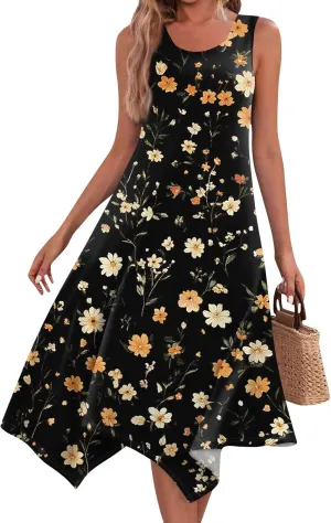 Summer Dresses for Women 2025 Fashion Round Neck Sleeveless Print Irregular Hem Tank Sundress Casual Beach Midi Dresses