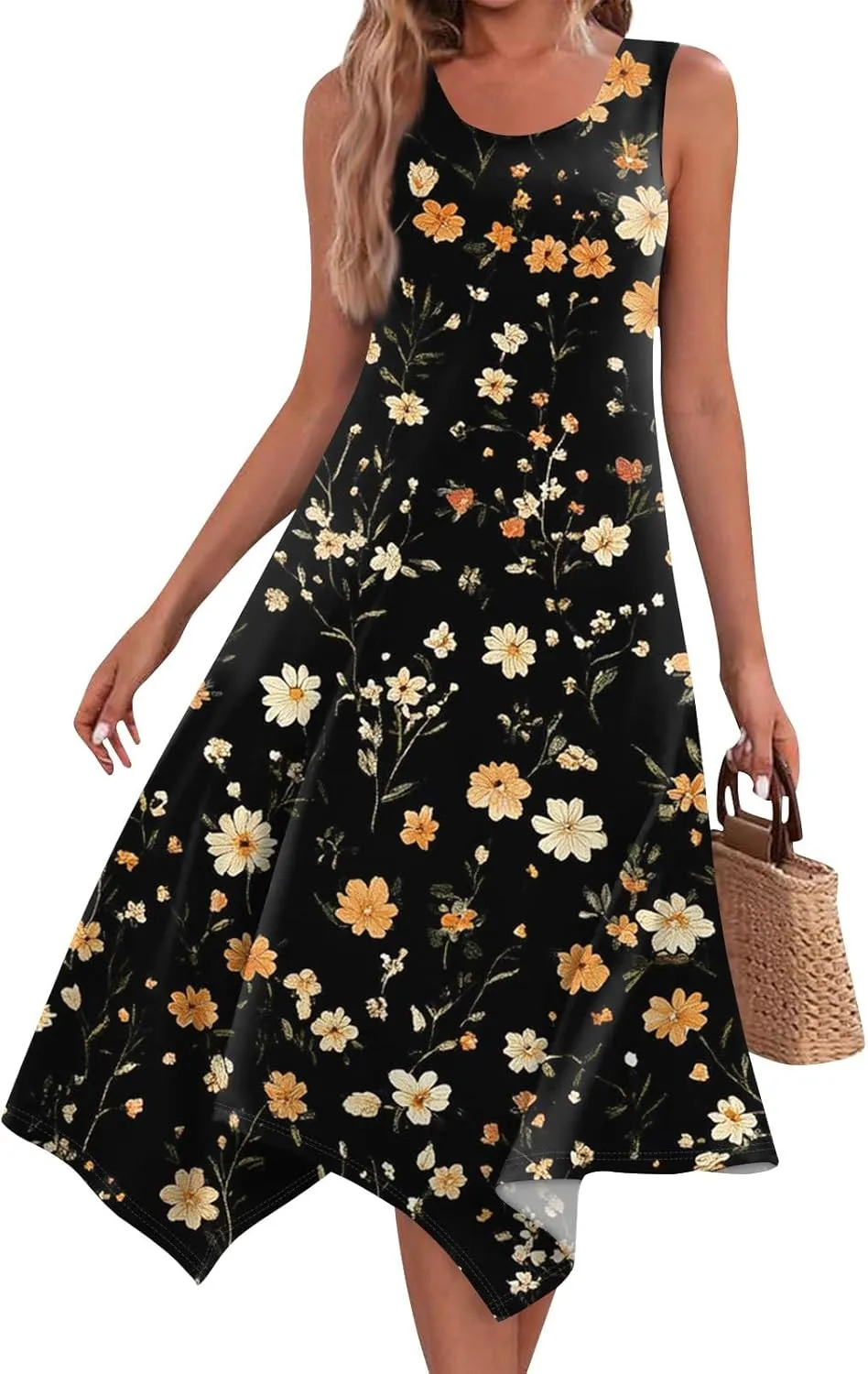 Summer Dresses for Women 2025 Fashion Round Neck Sleeveless Print Irregular Hem Tank Sundress Casual Beach Midi Dresses
