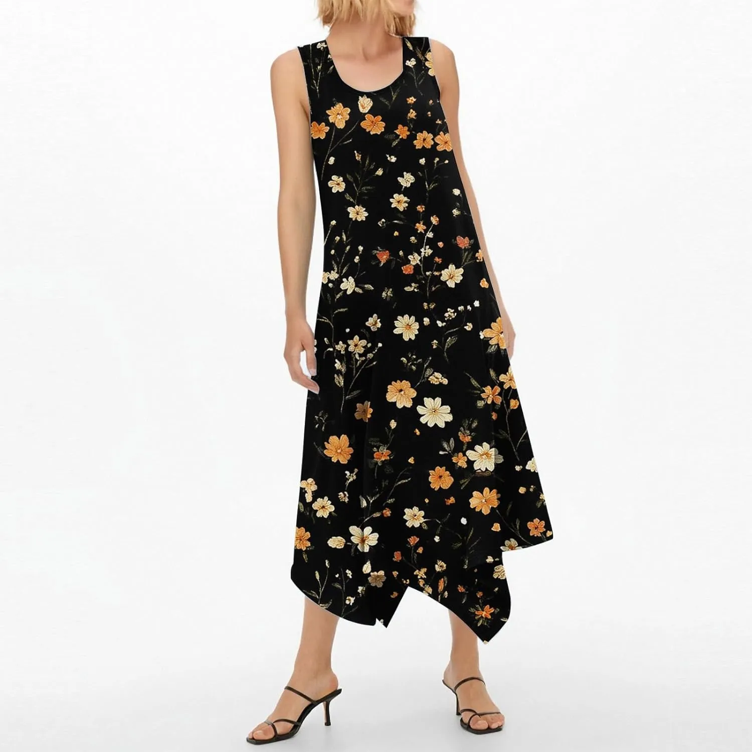 Summer Dresses for Women 2025 Fashion Round Neck Sleeveless Print Irregular Hem Tank Sundress Casual Beach Midi Dresses