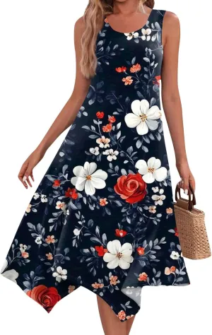 Summer Dresses for Women 2025 Fashion Round Neck Sleeveless Print Irregular Hem Tank Sundress Casual Beach Midi Dresses