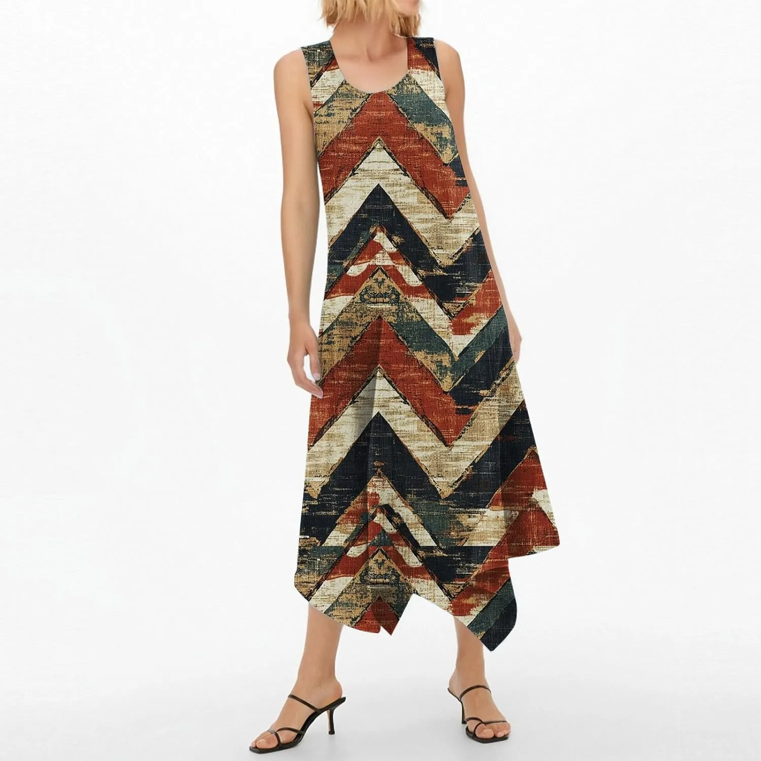 Summer Dresses for Women 2025 Fashion Round Neck Sleeveless Print Irregular Hem Tank Sundress Casual Beach Midi Dresses