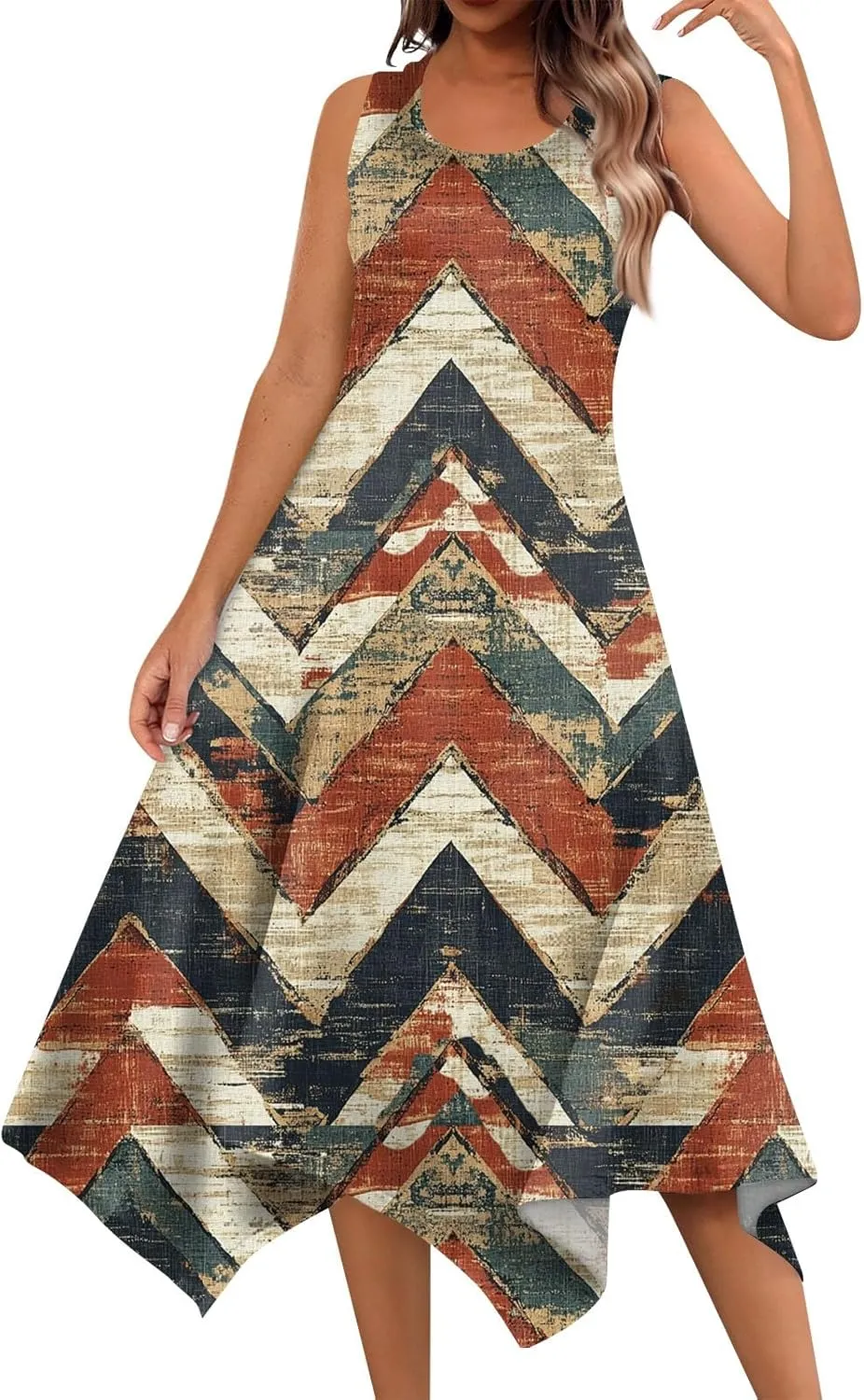 Summer Dresses for Women 2025 Fashion Round Neck Sleeveless Print Irregular Hem Tank Sundress Casual Beach Midi Dresses