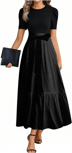 Summer Dresses for Women 2025 Floral Print Wrap Short Sleeve Maxi Dress Patchwork Ruffle Hem A Line Dress