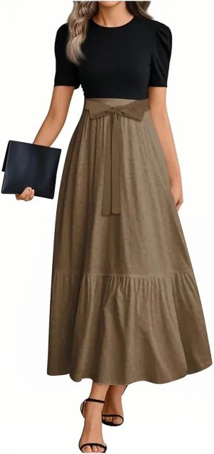 Summer Dresses for Women 2025 Floral Print Wrap Short Sleeve Maxi Dress Patchwork Ruffle Hem A Line Dress