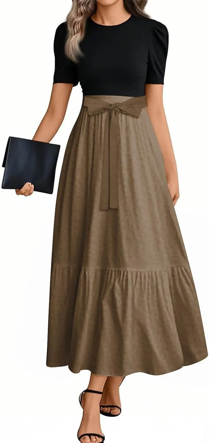 Summer Dresses for Women 2025 Floral Print Wrap Short Sleeve Maxi Dress Patchwork Ruffle Hem A Line Dress