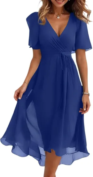 Summer Dresses for Women 2025 Floral Printed Chiffon V Neck Short Sleeve Midi Dress Casual Work A Line Dress