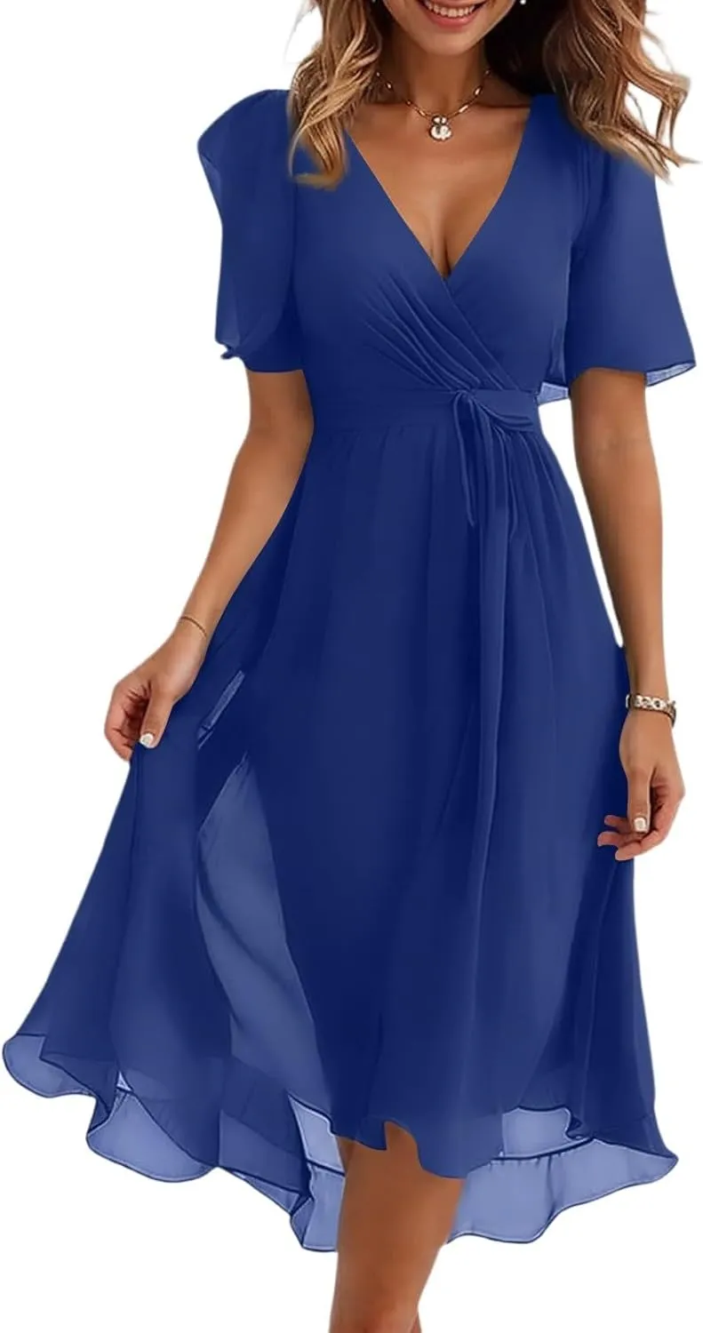 Summer Dresses for Women 2025 Floral Printed Chiffon V Neck Short Sleeve Midi Dress Casual Work A Line Dress