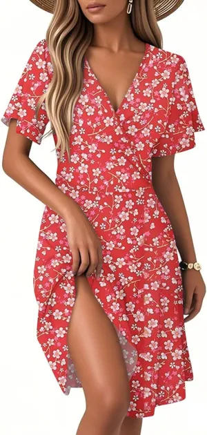 Summer Dresses for Women 2025 Floral Short Sleeve Wrap V Neck A-Line Midi Dress Flowy Beach Vacation Sundress