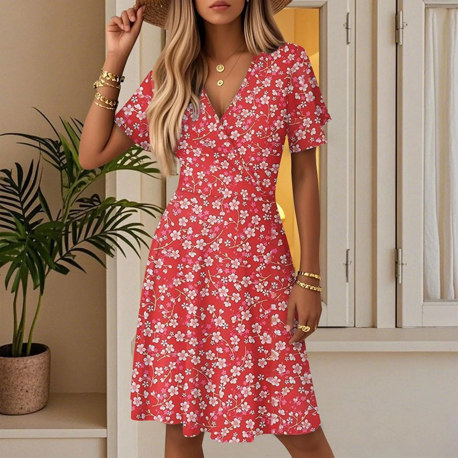 Summer Dresses for Women 2025 Floral Short Sleeve Wrap V Neck A-Line Midi Dress Flowy Beach Vacation Sundress