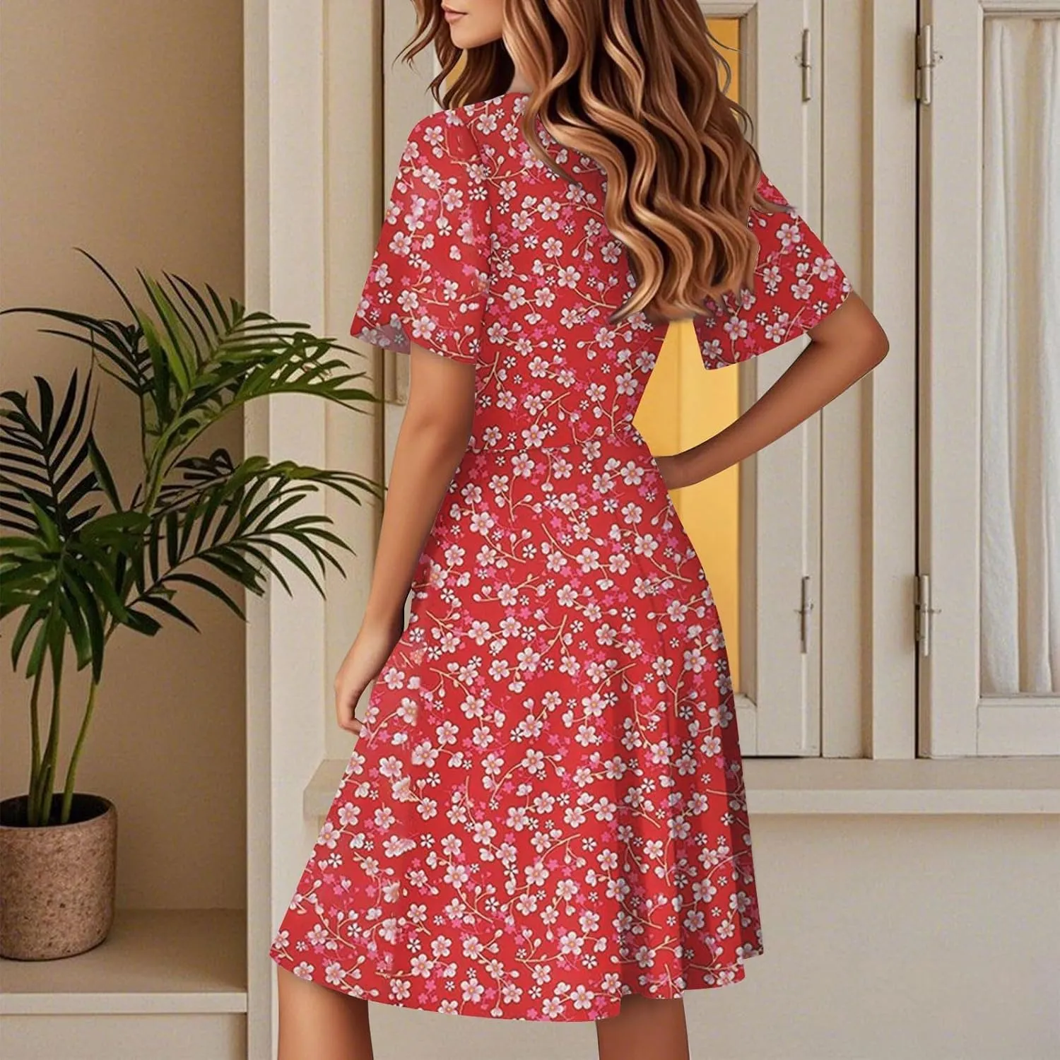 Summer Dresses for Women 2025 Floral Short Sleeve Wrap V Neck A-Line Midi Dress Flowy Beach Vacation Sundress