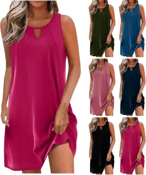 Summer Dresses for Women 2025 Keyhole Neck Casual Dress Sleeveless Pleated Mini Dress Beach Vacation Flowy Dresses