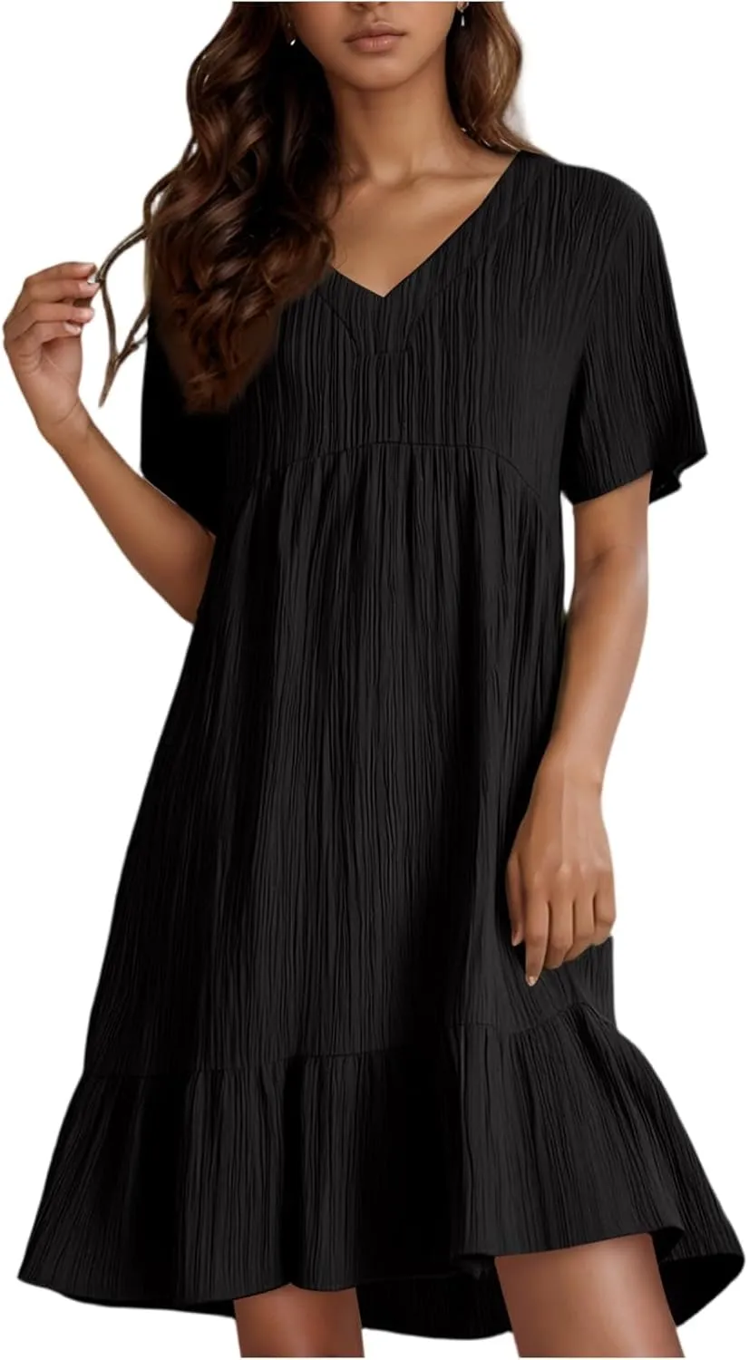 Summer Dresses for Women 2025 Loose V Neck Short Sleeve T Shirt Dress Casual Flowy Ruffle Tiered Layered A-Line Dress