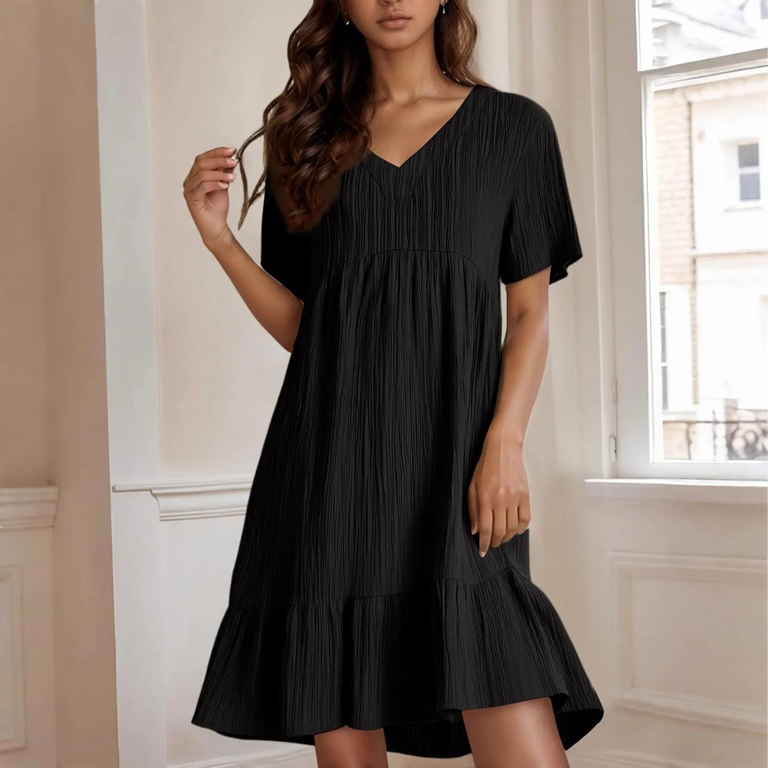 Summer Dresses for Women 2025 Loose V Neck Short Sleeve T Shirt Dress Casual Flowy Ruffle Tiered Layered A-Line Dress