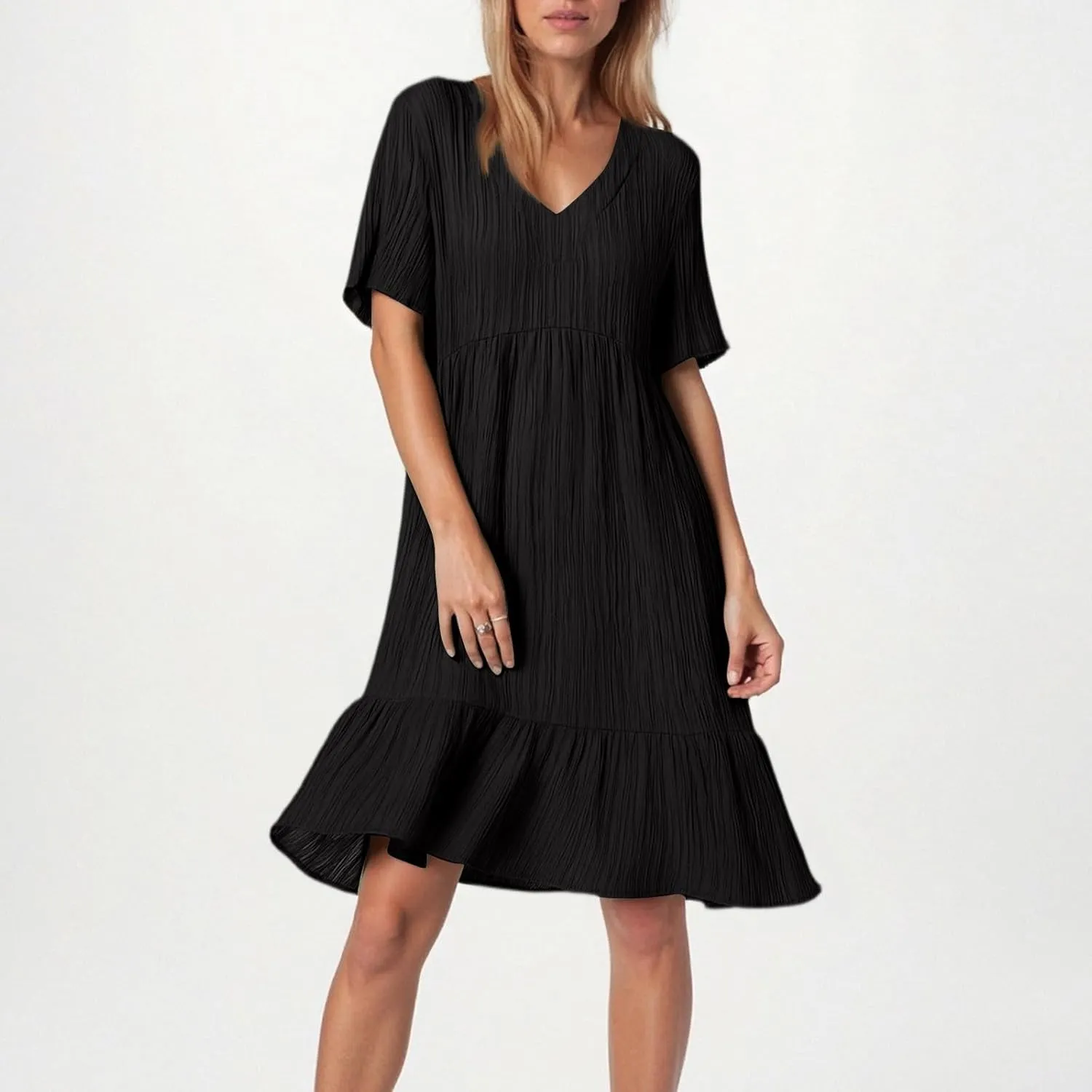 Summer Dresses for Women 2025 Loose V Neck Short Sleeve T Shirt Dress Casual Flowy Ruffle Tiered Layered A-Line Dress
