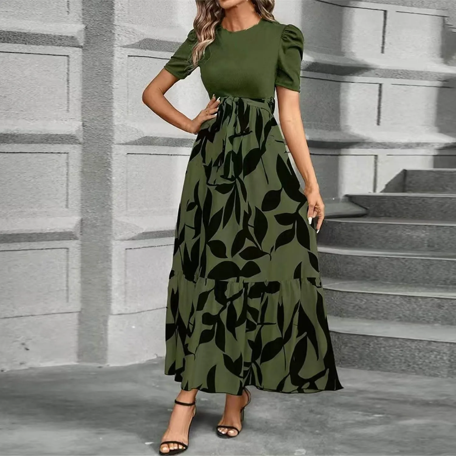 Summer Dresses for Women 2025 Maxi Puff Short Sleeve Casual Floral Dress with Belt Color Block Elegant Dresses