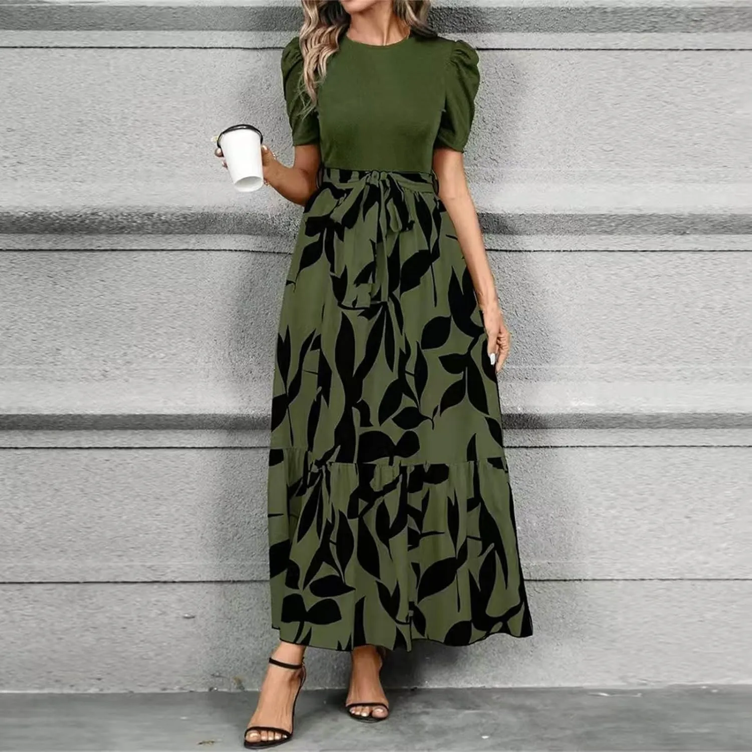 Summer Dresses for Women 2025 Maxi Puff Short Sleeve Casual Floral Dress with Belt Color Block Elegant Dresses