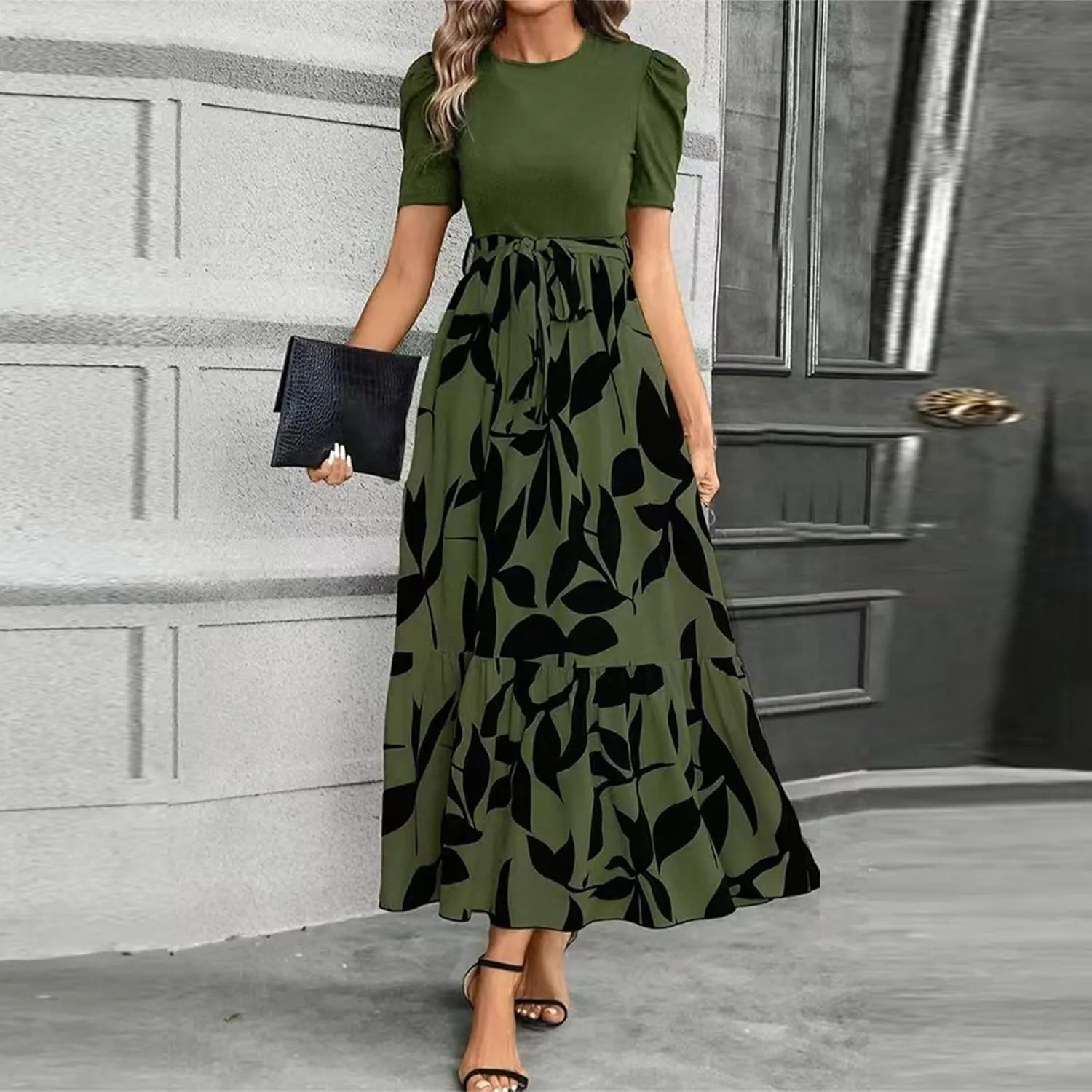 Summer Dresses for Women 2025 Maxi Puff Short Sleeve Casual Floral Dress with Belt Color Block Elegant Dresses