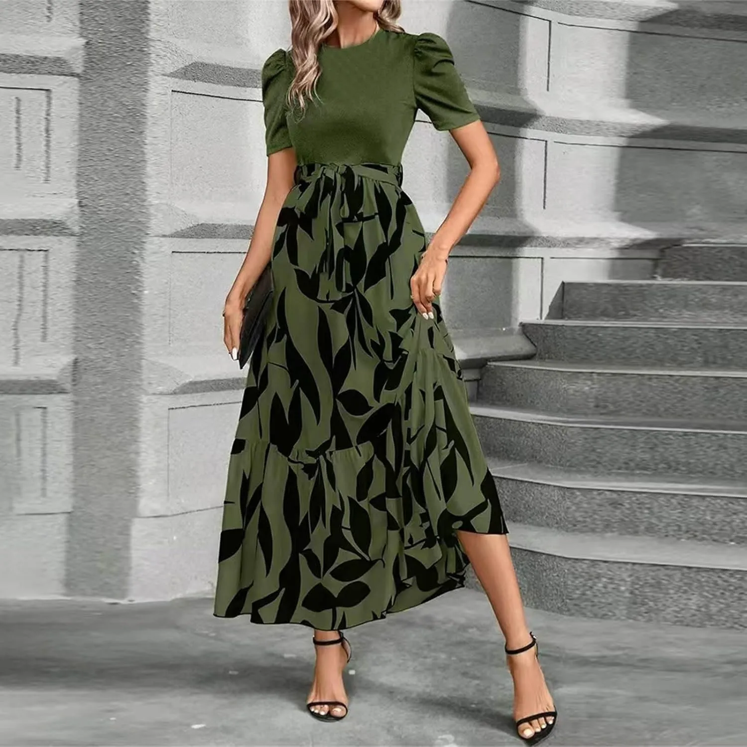Summer Dresses for Women 2025 Maxi Puff Short Sleeve Casual Floral Dress with Belt Color Block Elegant Dresses