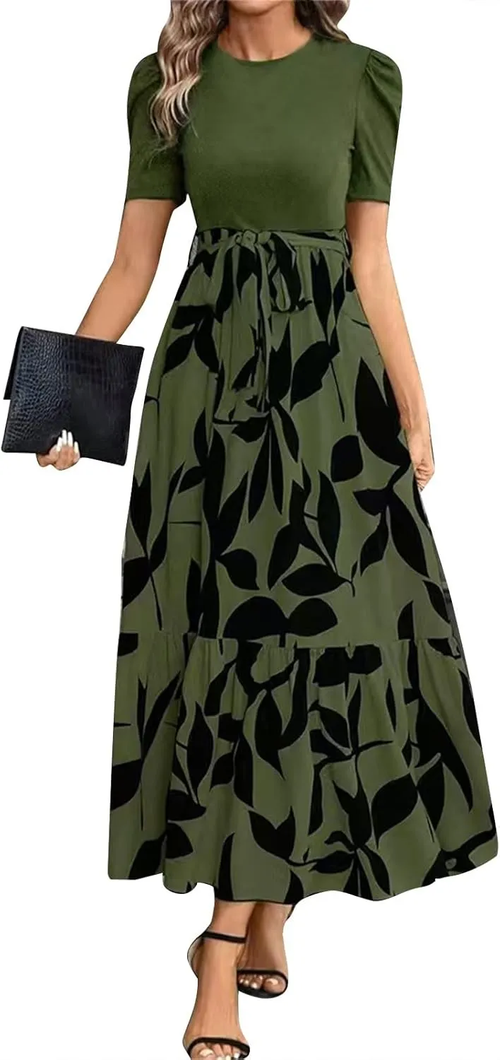 Summer Dresses for Women 2025 Maxi Puff Short Sleeve Casual Floral Dress with Belt Color Block Elegant Dresses