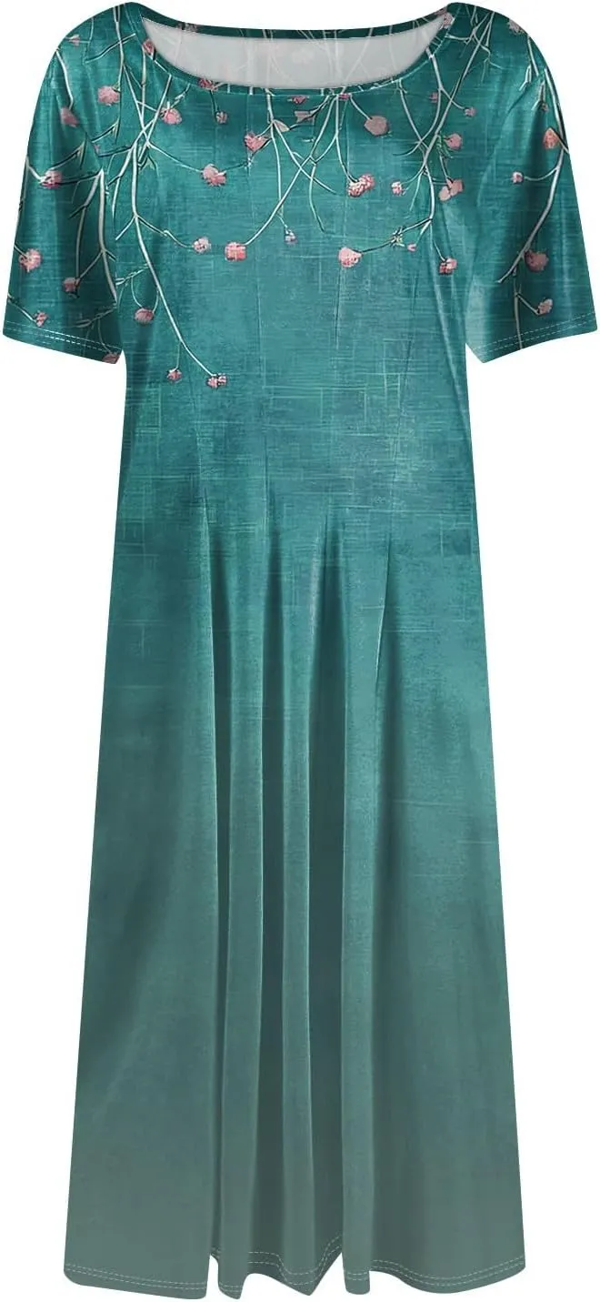 Summer Dresses for Women 2025 Midi Short Sleeve Round Neck Floral Elegant Pleated with Side Pocket A Line Sundresses