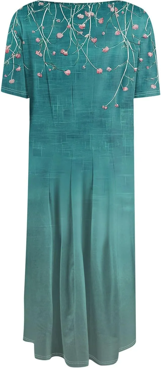 Summer Dresses for Women 2025 Midi Short Sleeve Round Neck Floral Elegant Pleated with Side Pocket A Line Sundresses