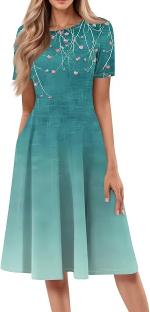 Summer Dresses for Women 2025 Midi Short Sleeve Round Neck Floral Elegant Pleated with Side Pocket A Line Sundresses