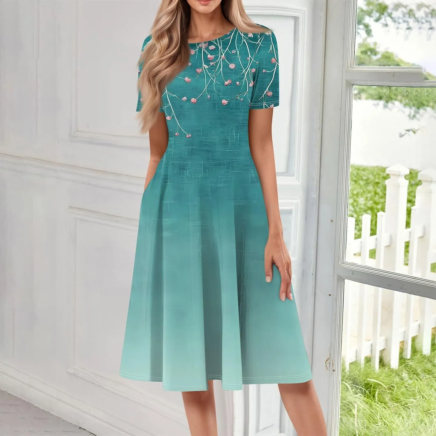 Summer Dresses for Women 2025 Midi Short Sleeve Round Neck Floral Elegant Pleated with Side Pocket A Line Sundresses