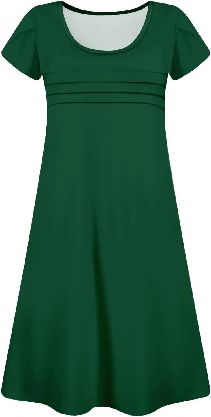 Summer Dresses for Women 2025 Petal Sleeve T Shirt Dress Pleated Solid Color Mini Sundress Clothes with Pockets