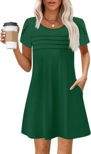 Summer Dresses for Women 2025 Petal Sleeve T Shirt Dress Pleated Solid Color Mini Sundress Clothes with Pockets