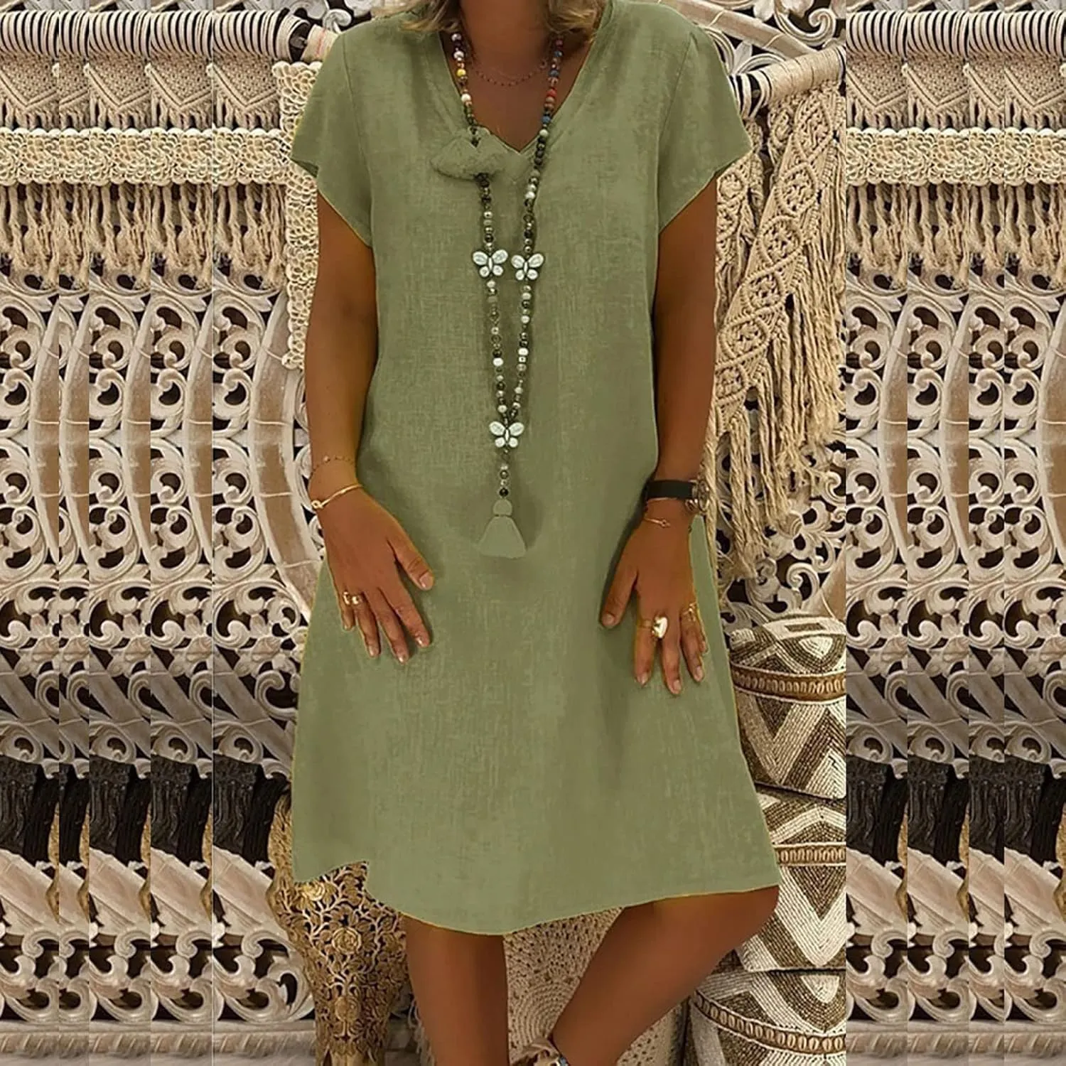 Summer Dresses for Women 2025 Plus Size V Neck Short Sleeve Midi Dress Casual Solid Loose Going Out Party Sundresses