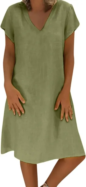 Summer Dresses for Women 2025 Plus Size V Neck Short Sleeve Midi Dress Casual Solid Loose Going Out Party Sundresses