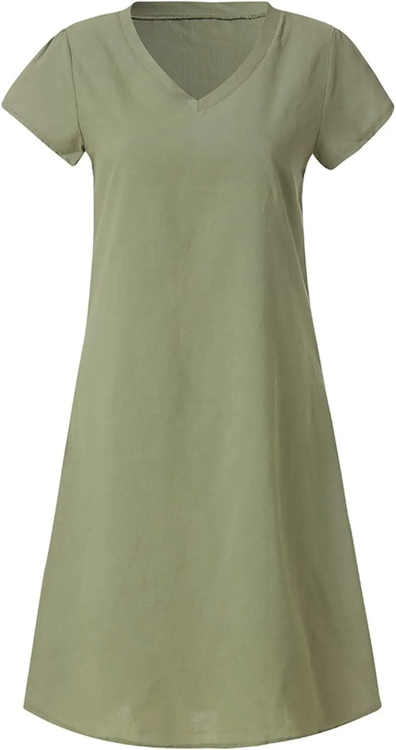 Summer Dresses for Women 2025 Plus Size V Neck Short Sleeve Midi Dress Casual Solid Loose Going Out Party Sundresses
