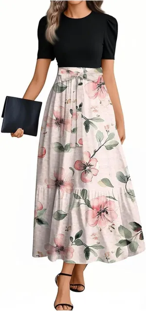 Summer Dresses for Women 2025 Short Sleeve Long Sundress Patchwork Maxi Dress Flowy Floral Ruffle Hem a Line Dress