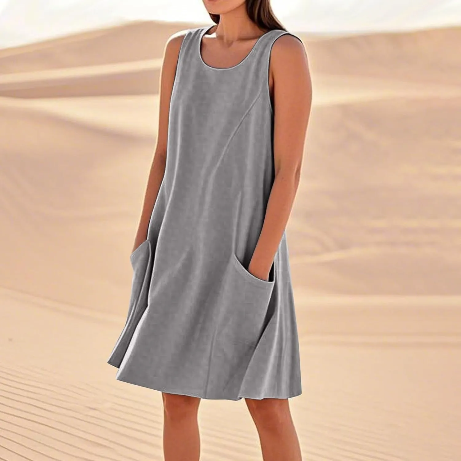 Summer Dresses for Women 2025 Sleeveless Flowy Casual Midi Dress Plus Size Loose Comfy Cotton Linen Dress with Pockets