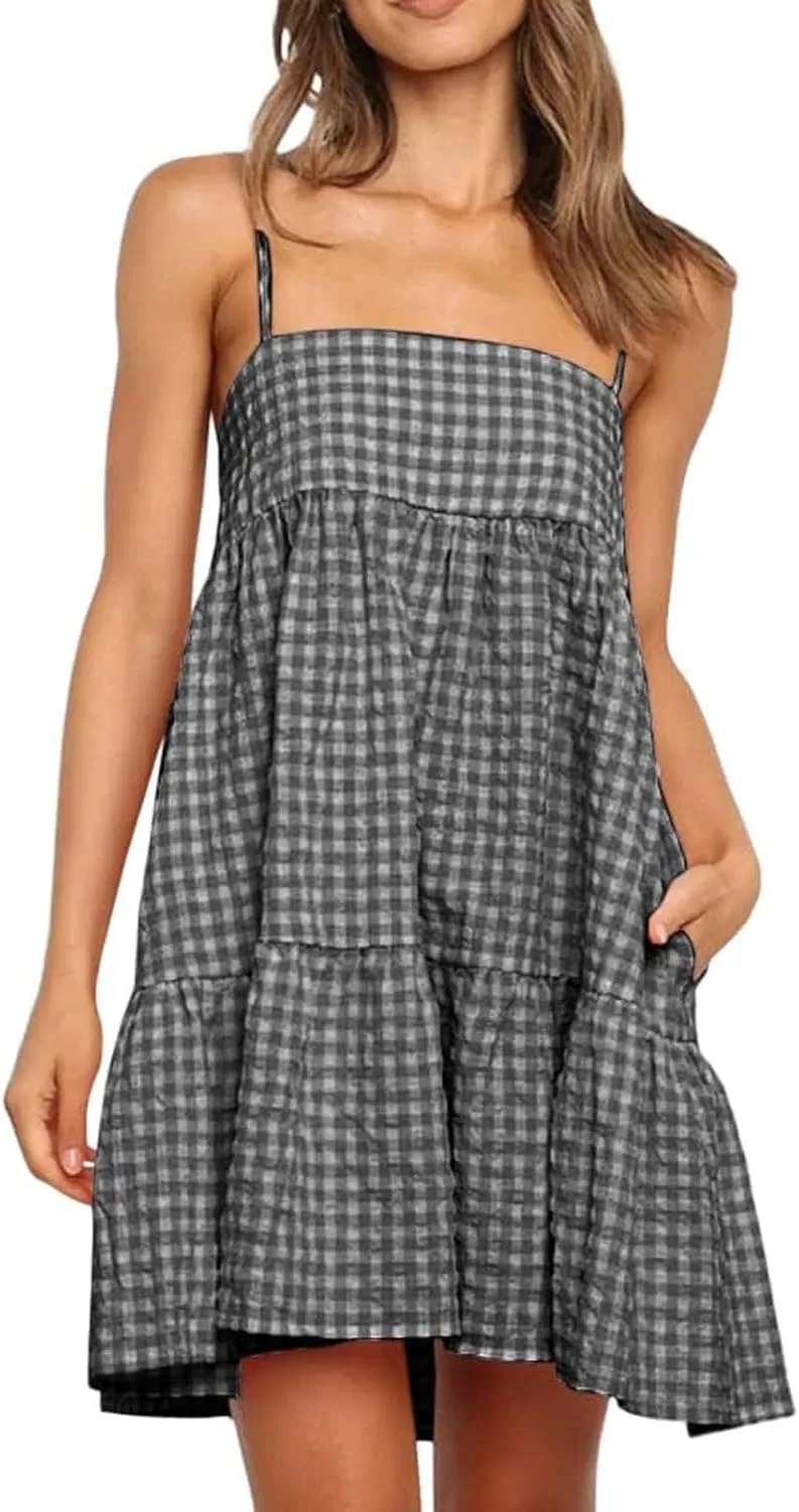 Summer Dresses for Women 2025 Spaghetti Strap Ruffle Tiered Tube Top Mini Dress Sexy Beach Vacation Dress with Pocket