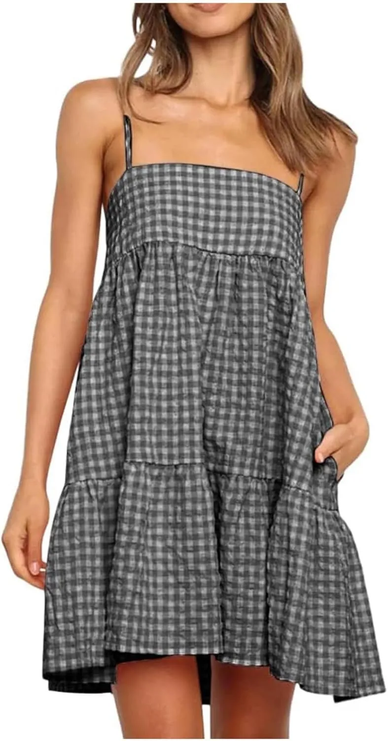 Summer Dresses for Women 2025 Spaghetti Strap Ruffle Tiered Tube Top Mini Dress Sexy Beach Vacation Dress with Pocket