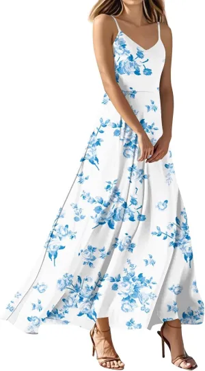 Summer Dresses for Women 2025 Spring Adjustable Spaghetti Strap Maxi Dress Floral Beach Vacation Long Sundress