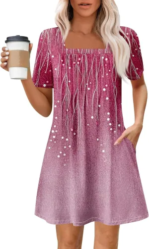 Summer Dresses for Women 2025 Square Neck Pleated Front Mini Dress Boho Floral Printed Beach Party Sundress