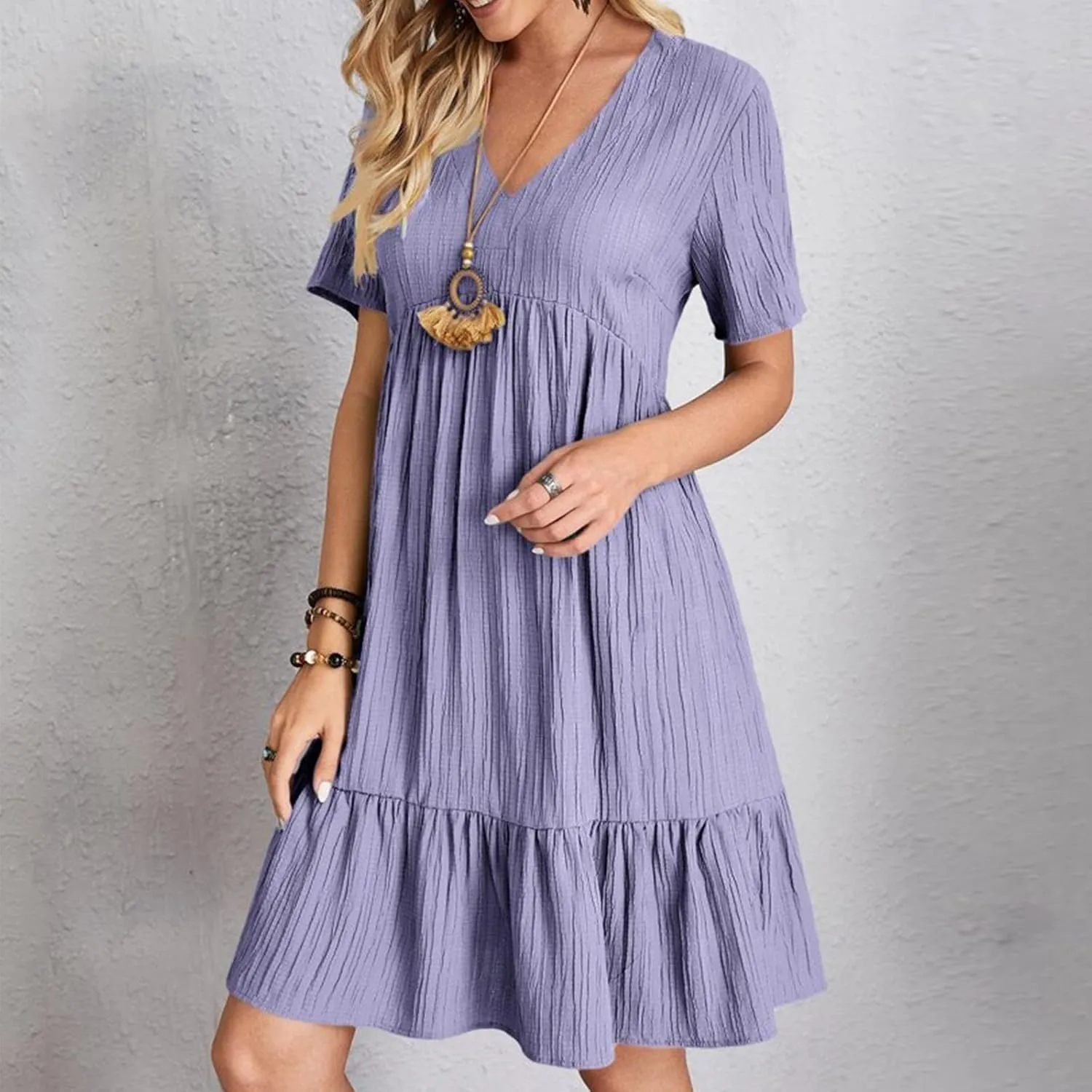Summer Dresses for Women 2025 Trendy Loose Short Sleeve Solid Color Sundress Casual Pleated Vacation Beach Dress