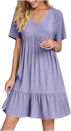 Summer Dresses for Women 2025 Trendy Loose Short Sleeve Solid Color Sundress Casual Pleated Vacation Beach Dress