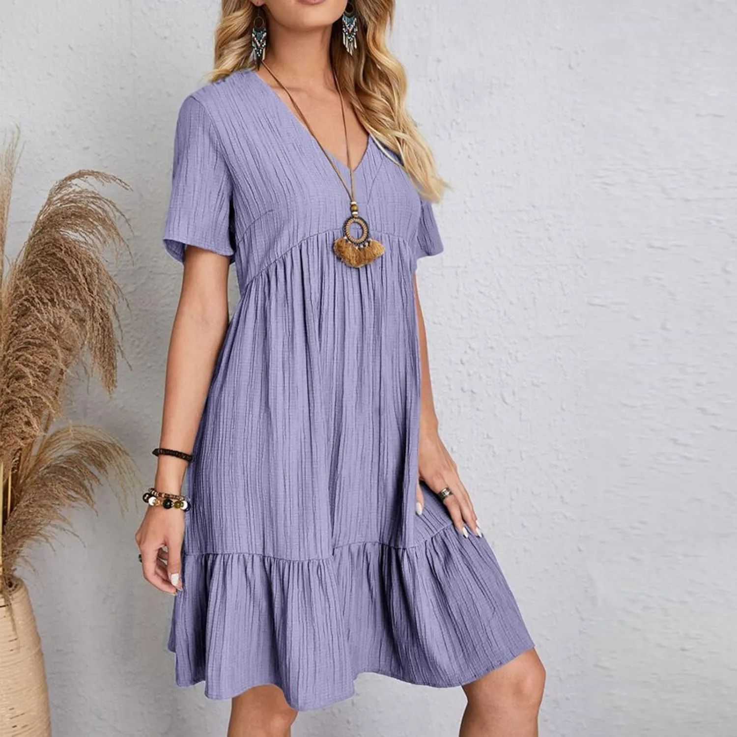 Summer Dresses for Women 2025 Trendy Loose Short Sleeve Solid Color Sundress Casual Pleated Vacation Beach Dress
